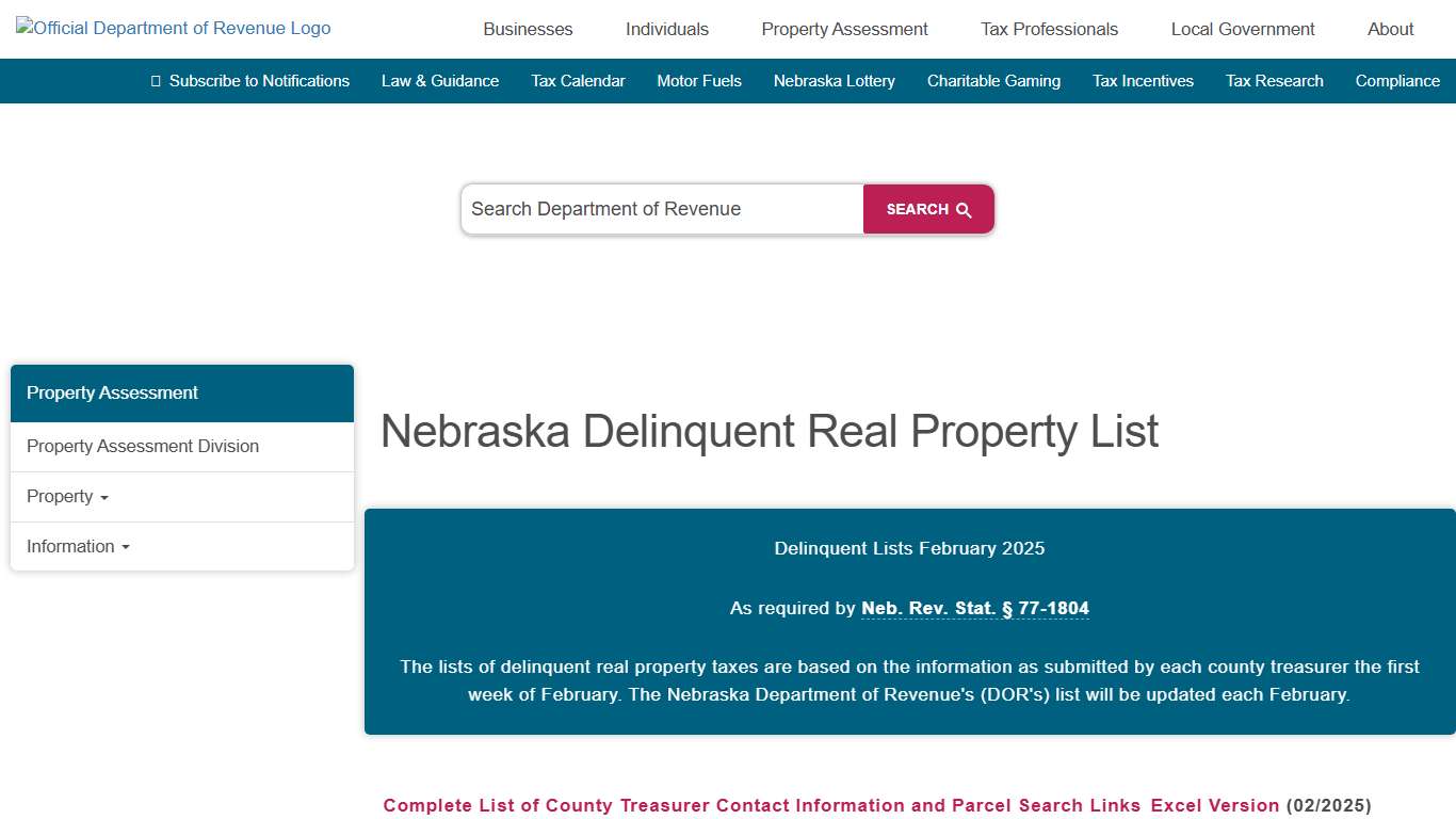 Nebraska Delinquent Real Property List Nebraska Department of Revenue